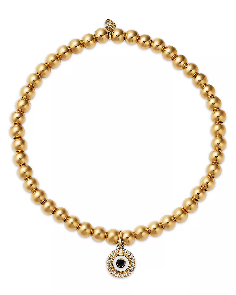 Sydney Evan 14K Yellow Gold Diamond Evil Eye Disc Charm Beaded Bracelet, 0.06 tcw