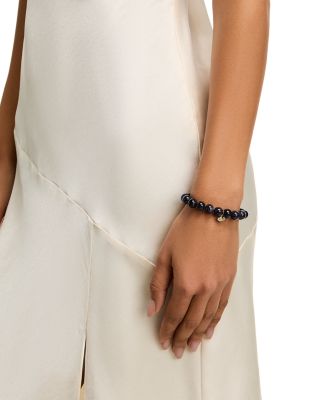 14K Yellow Gold Diamond Pav&eacute; Saturn Charm Blue Goldstone Beaded Stretch Bracelet