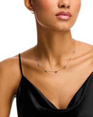 14K Yellow Gold Blue Lapis Lazuli And White Topaz Evil Eye Station Necklace, 18&amp;quot;-19&amp;quot;