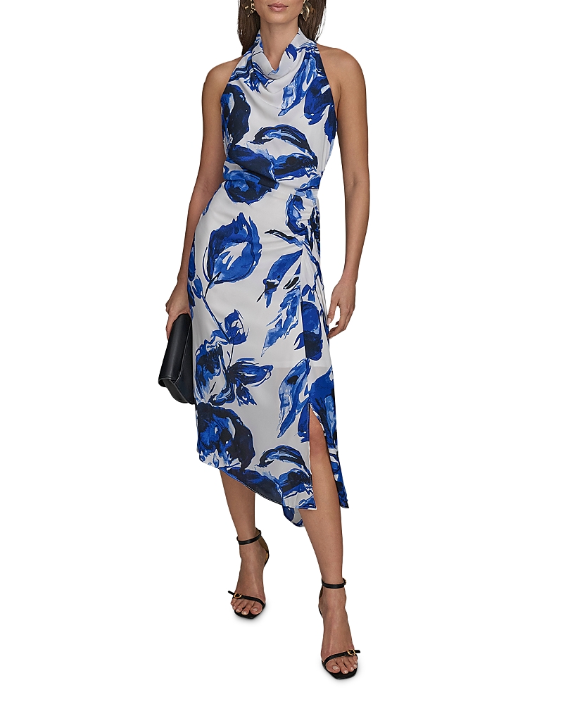 Donna Karan New York Floral Cowl Neck Asymmetric Dress In Blue