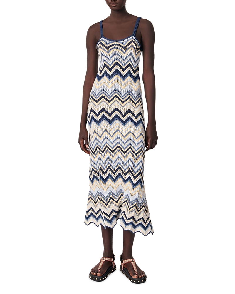 Maje Womens Zigzag-pattern Crochet Knitted Maxi Dress Bleus In Blue