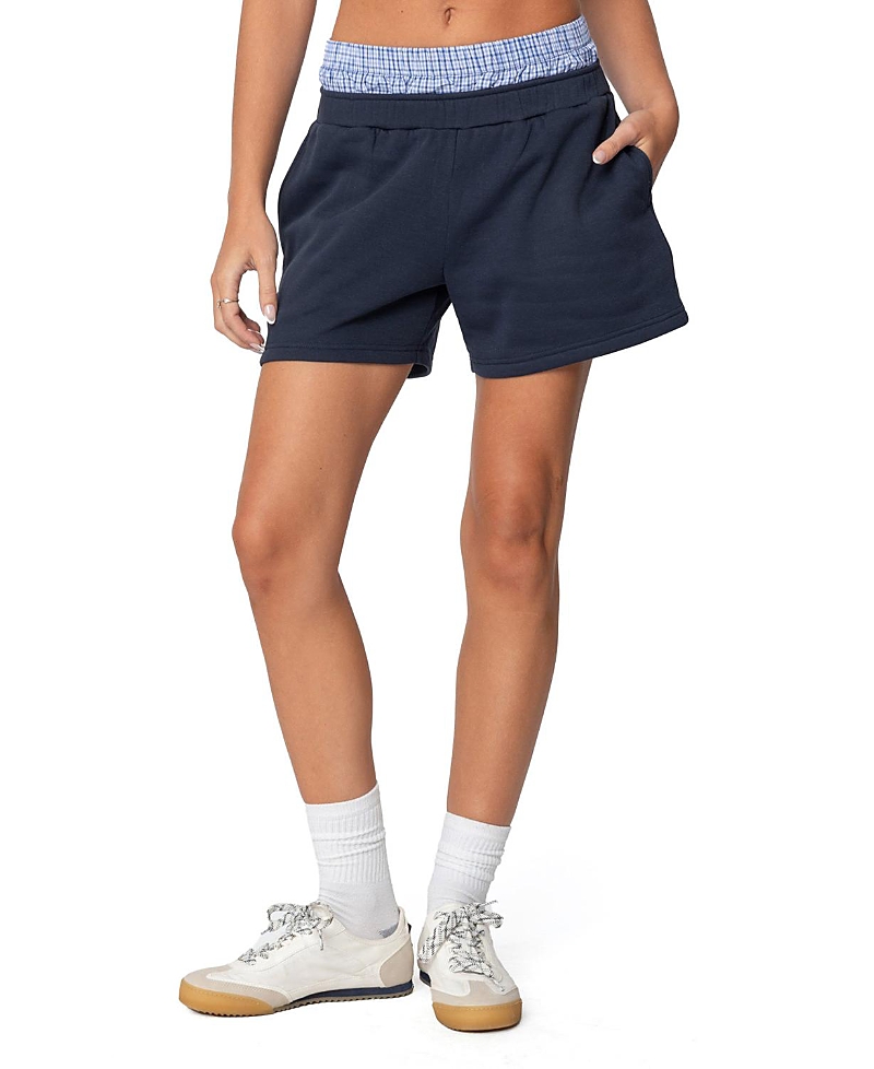 Shop Edikted Plaid Boxer Detail Sweat Shorts In Navy