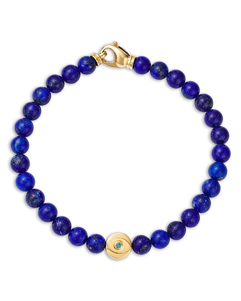 Bloomingdale's Fine Collection Men's Evil Eye Lapis Bead Bracelet In 14k Yellow Gold In Blue