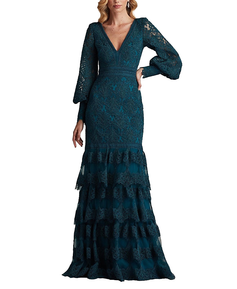 Tadashi Shoji Aponi Tiered Embroidered Gown In Blue