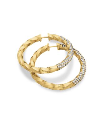 18K Yellow Gold Cable Edge Hoop Earrings with Diamonds