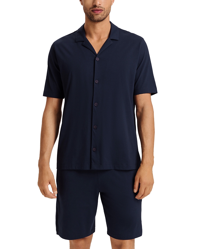 Hanro Night And Day Notch Collar Button Front Cotton Shirt In Deep Navy