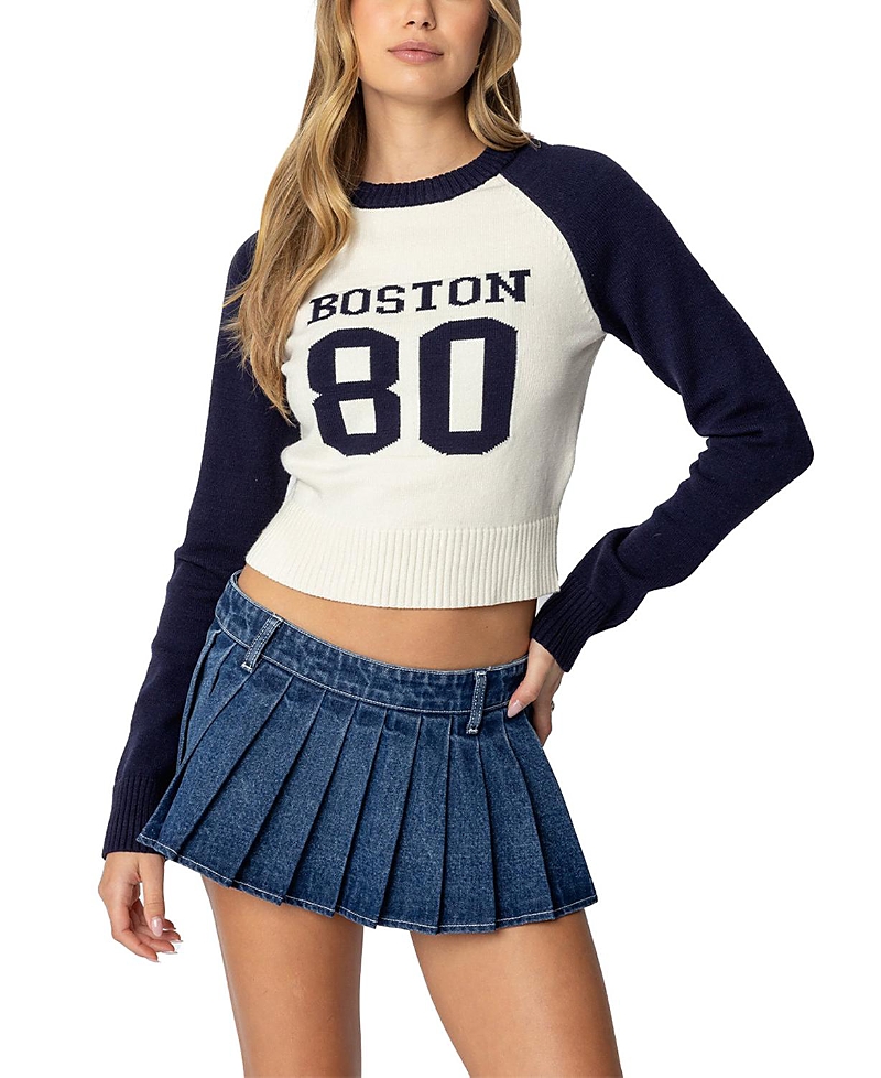 Edikted Boston Babe Raglan Sleeve Sweater In Navy And Cream