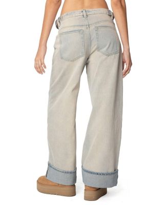 Double Belt Washed Low Rise Jeans in Blue