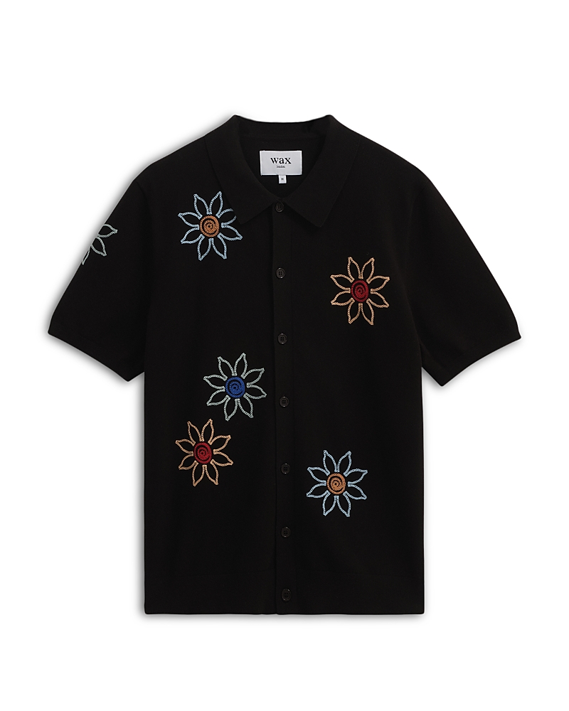 Wax London Tellaro Floral Embroidered Short Sleeve Button-up Shirt In Black/multi
