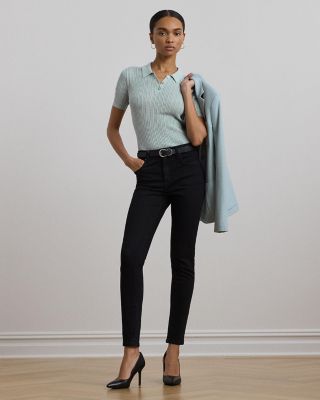Pointelle Knit Cotton Blend Polo Sweater
