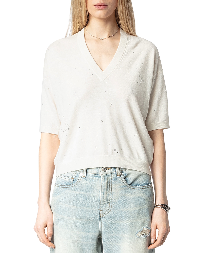 Zadig & Voltaire Womens Wully Rhinestone Knitted Top In Ecru