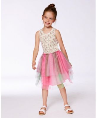  Girls' Bi-Material Cotton and Mesh Dress with Gradient Skirt - Little Kid