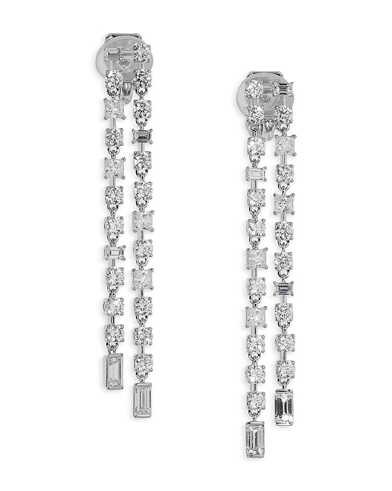 Nadri Cubic Zirconia Double Row Linear Drop Earrings In Rhodium Plated In Silver
