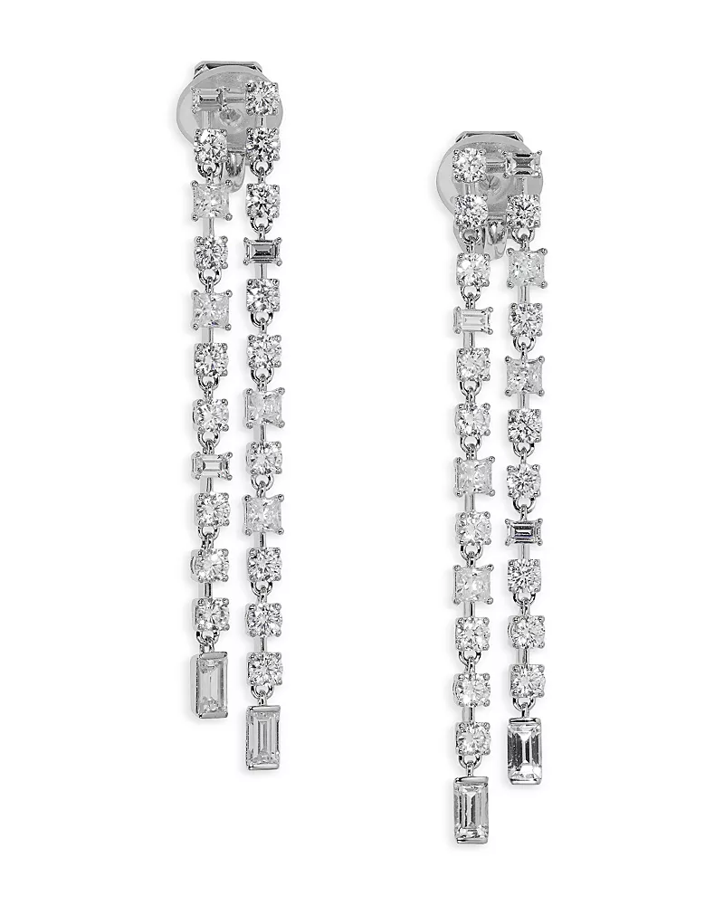 Nadri Cubic Zirconia Double Row Linear Drop Earrings in Rhodium Plated
