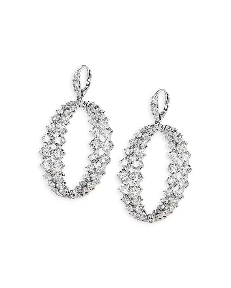 Nadri Cubic Zirconia Double Row Drop Hoop Earrings in Rhodium Plated