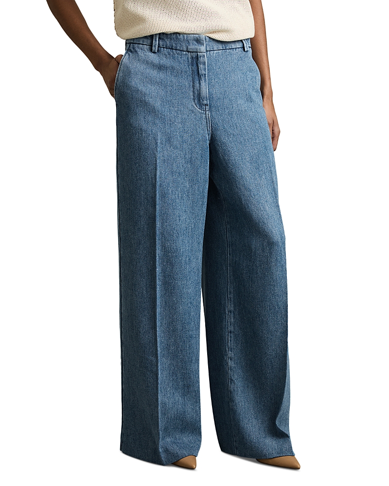 Reiss Reed Denim Look Wide Leg Trousers In Mid Blue
