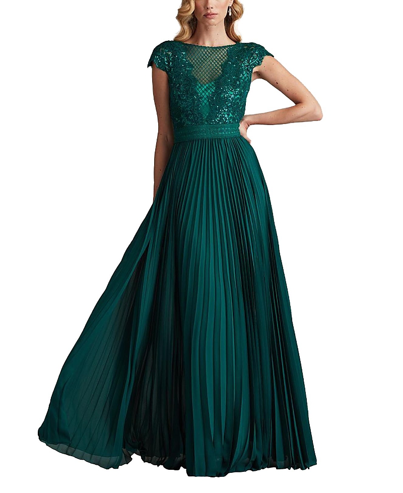Tadashi Shoji Surette Sequin Embroidered Pleated Chiffon Gown In Green
