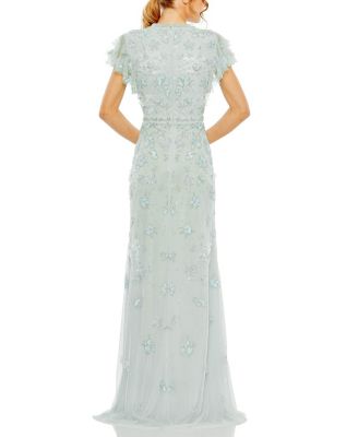 Floral Embellished High Neck Flutter Sleeve Gown