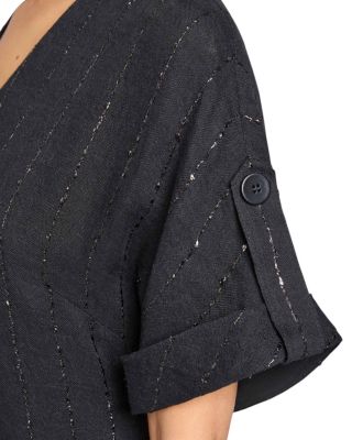 Serafina&nbsp;Short Sleeve Midi Shift Dress with Side Skirt Buttons in Metallic Striped Linen