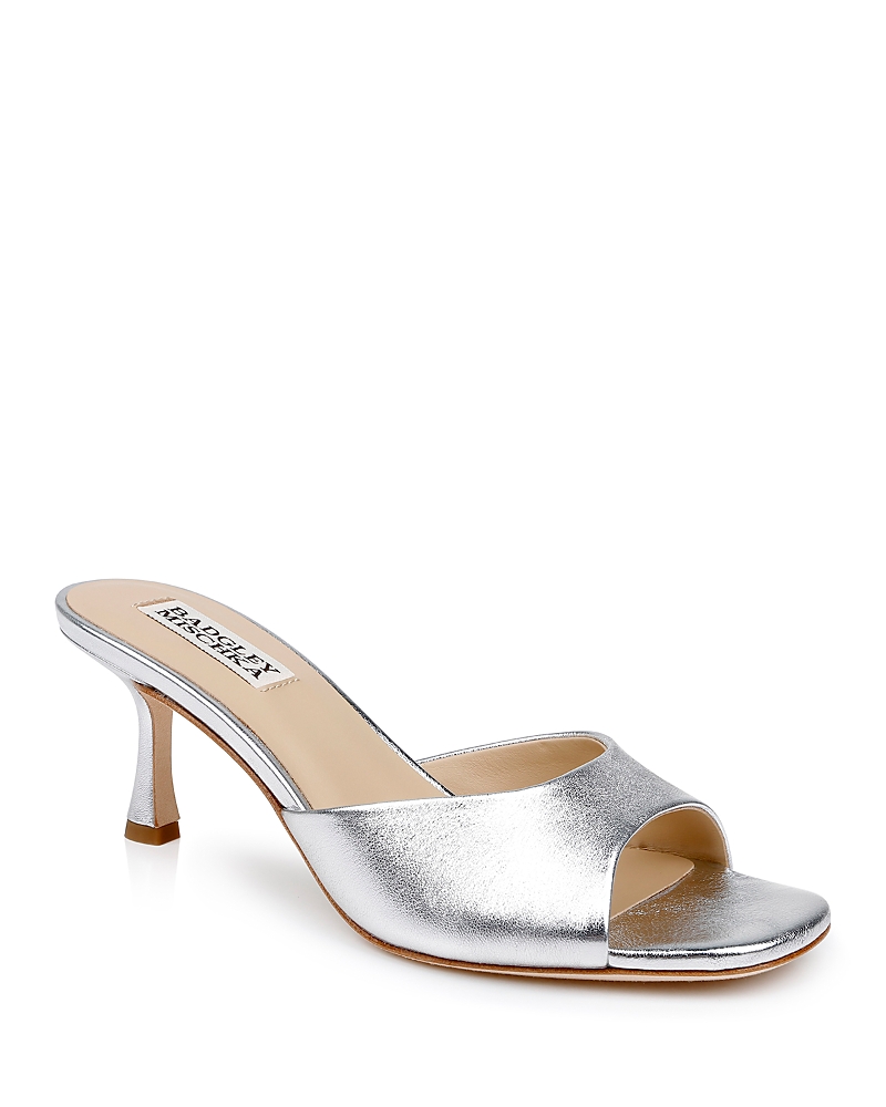 Badgley Mischka Draya Leather Kitten-heel Mules In Silver Leather