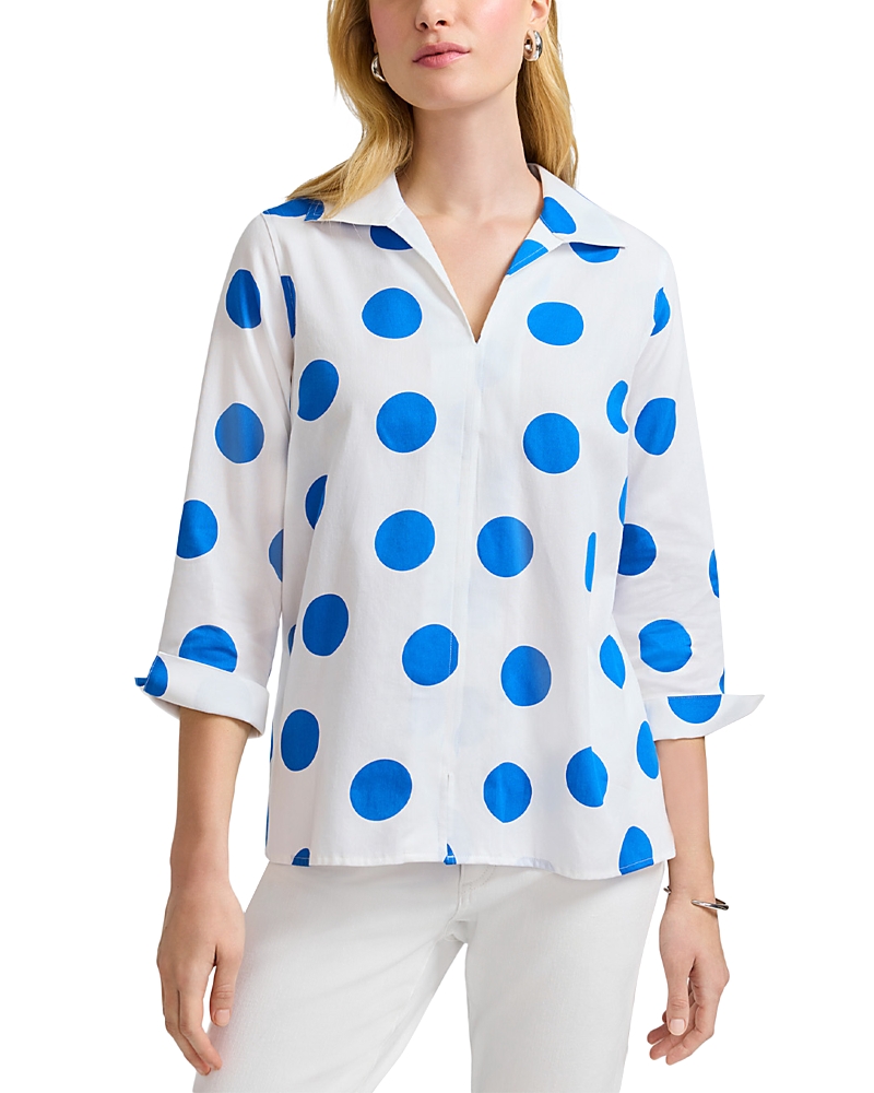 Foxcroft Agnes Dot Print Three-quarter Sleeve Cotton Popover Top In White/blue