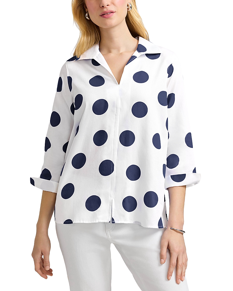 Foxcroft Agnes Dot Print Three-quarter Sleeve Cotton Popover Top In White
