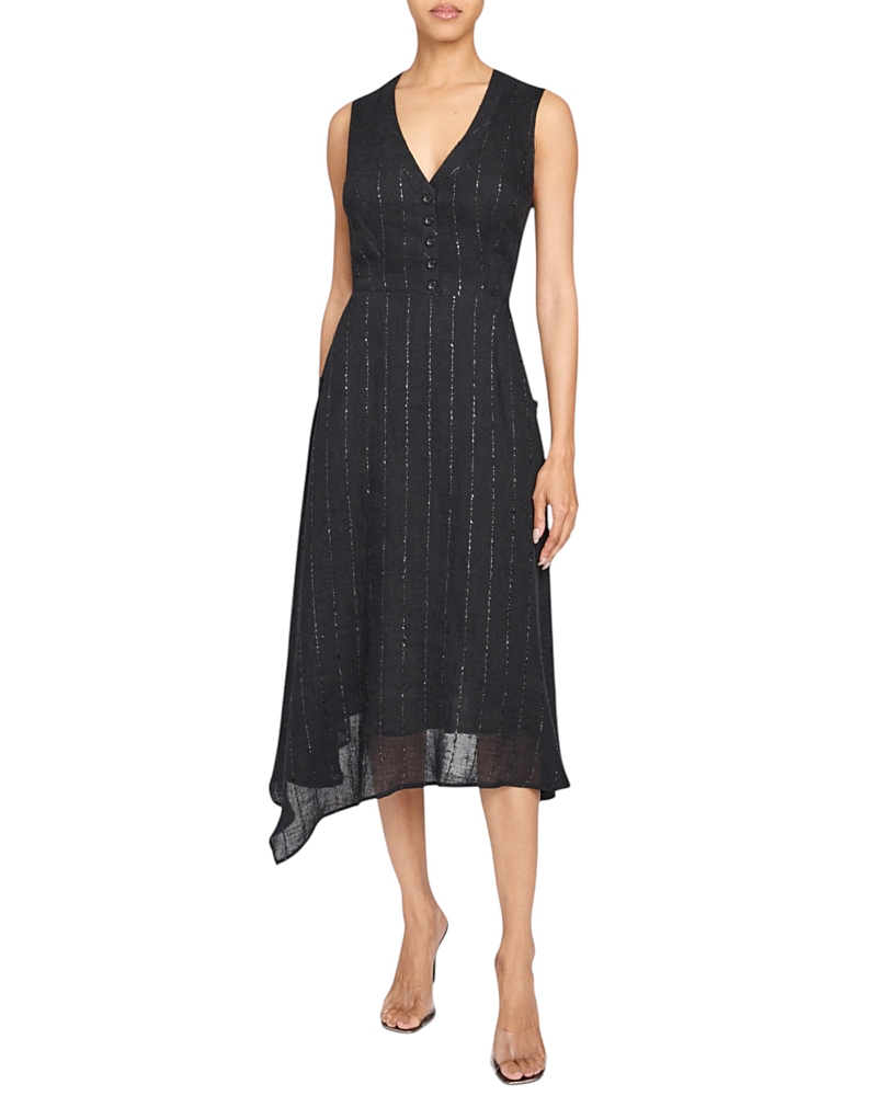 Santorelli Nia Sleeveless Midi Dress with Asymmetric Hemline and Button Details in Metallic Striped Linen