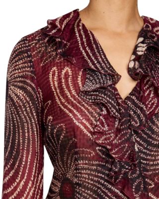 SYDNEY Long Sleeve Button Down Blouse with Ruffles in Silk Modern Gingham Floral Print