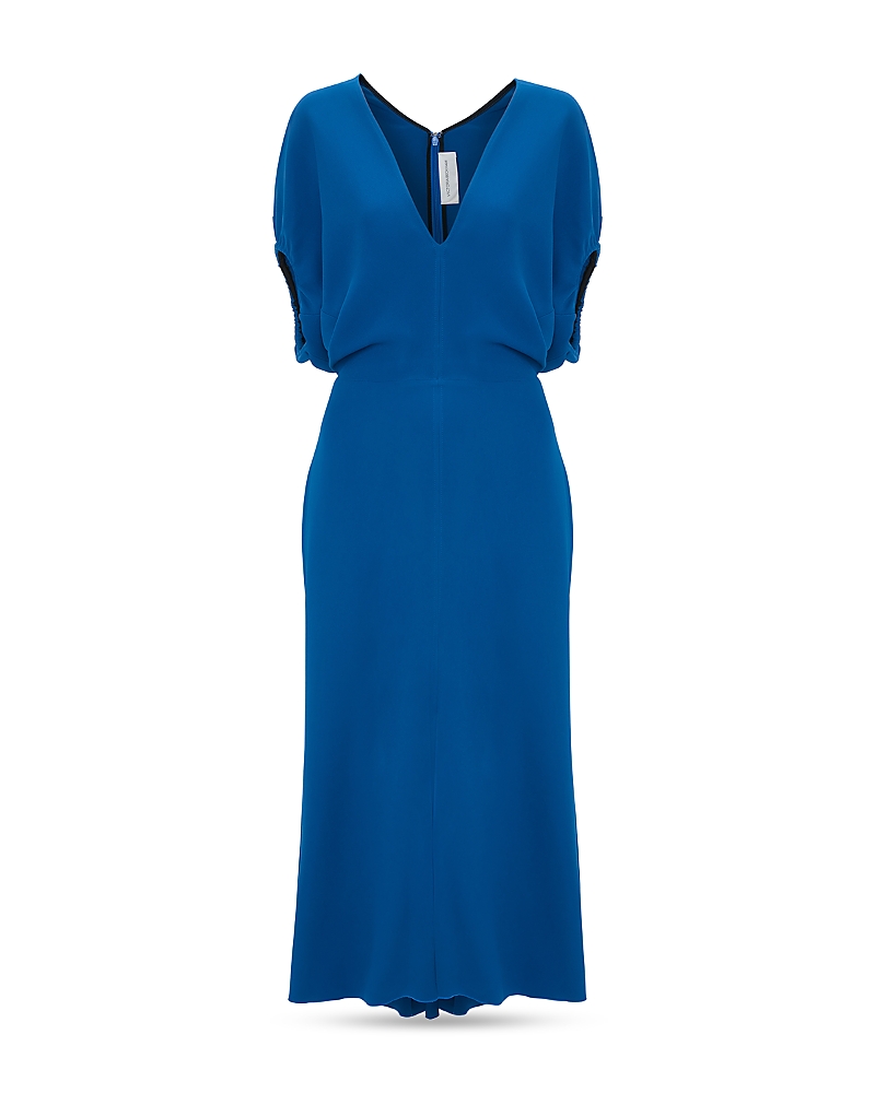 Victoria Beckham Womens Sapphire Blue V-neck Asymmetric-hem Stretch-woven Midi Dress In Sapphire Blue