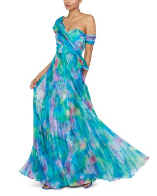 Davina Printed Pleated Asymmetric Gown