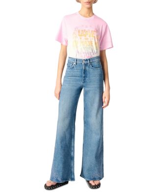 Embroidered High Rise Flared Jeans in Blue