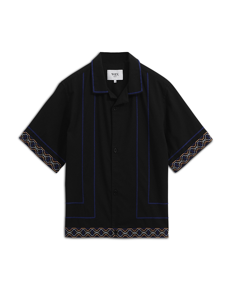Wax London Lido Border Print Camp Shirt In Black/blue