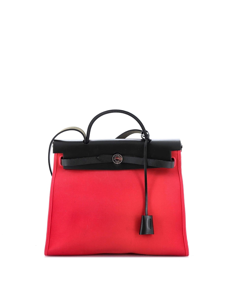 Shop Pre-owned Hermes Hermes 31 Herbag Zip Leather And Toile In Pink/ Black