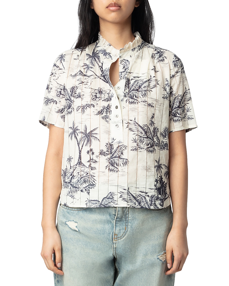 Zadig & Voltaire Womens Ecru Palm-print Short-sleeved Cotton Shirt
