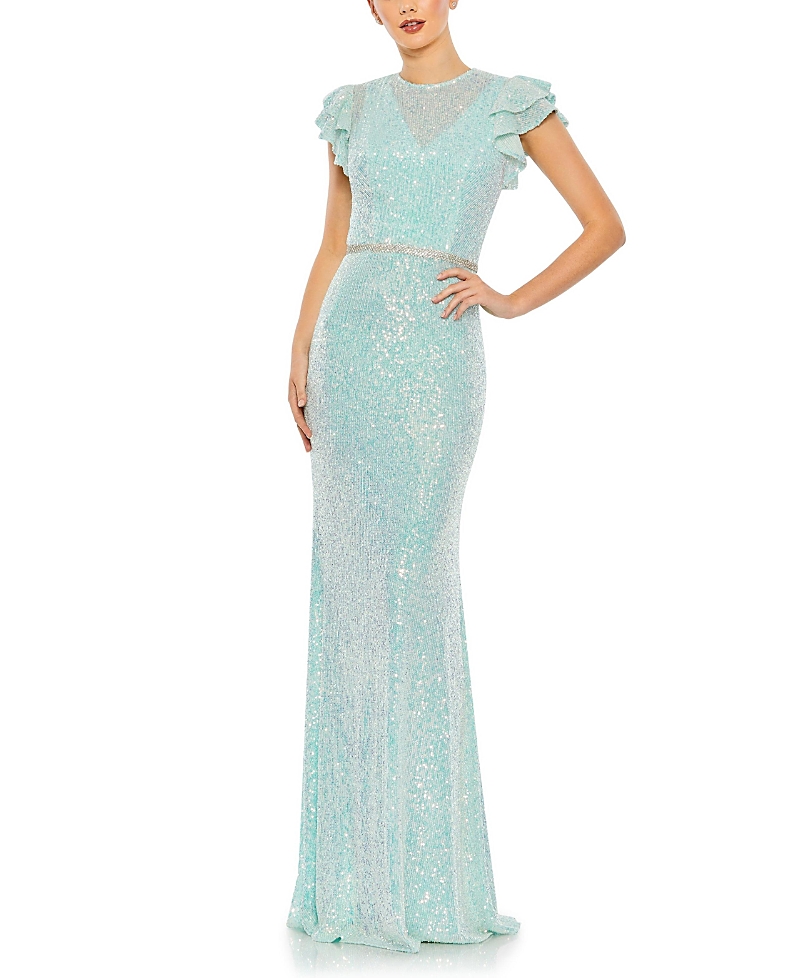 Mac Duggal Sequined High Neck Flutter Sleeve Gown In Ice Blue