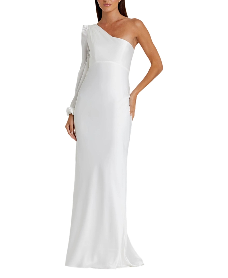 Mac Duggal One Shoulder Blouson Sleeve Gown In White