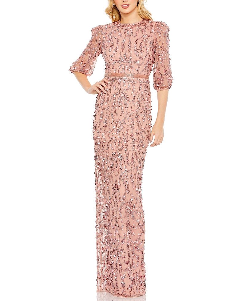 Mac Duggal Sequin Sheer Sleeve Sheath Gown In Rosewood