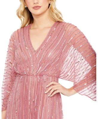  Beaded Striping Kimono Sleeve V Neck Gown