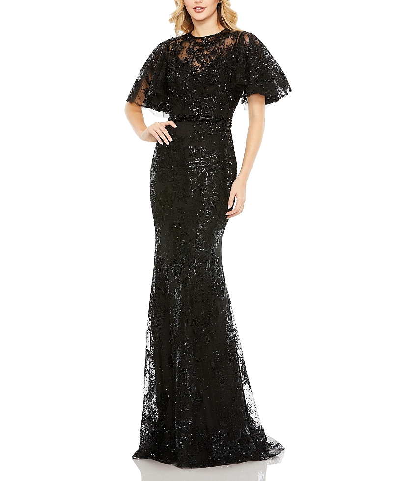 Mac Duggal Embellished Flutter Sleeve High Neck Gown In Black