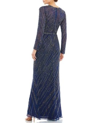 Long Sleeve Beaded Column Gown