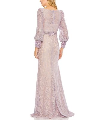Lace Long Sleeve V Neck Embellished Gown