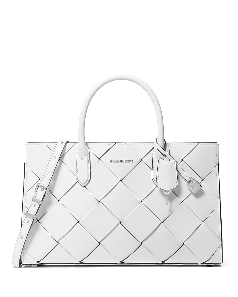 Michael Kors Michael Scarlett Medium Woven Leather East West Satchel In Optic White