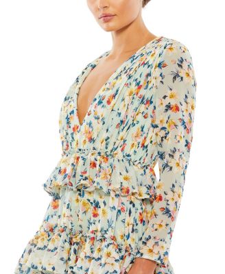 Floral Printed Tiered Ruffle Long Sleeve Gown
