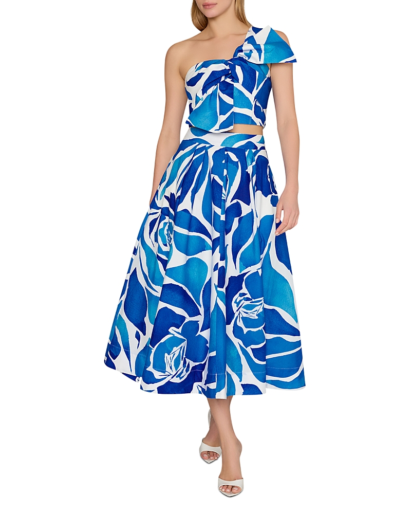 Shop Milly Laney Floral Bow Twist Cropped Top In Teal Blue Multi