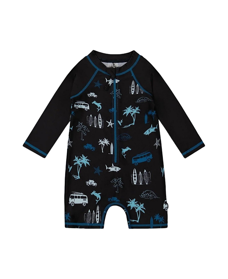 Deux Par Deux Boy's Printed Long Sleeve Rashguard Light Blue Beach On Black In Light Blue Beach On Black
