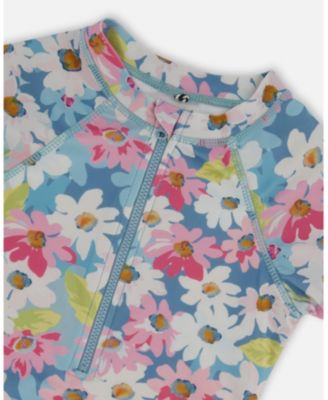 Girls' Printed Short Sleeve One-Piece Swimsuit with Frills - Big Kid