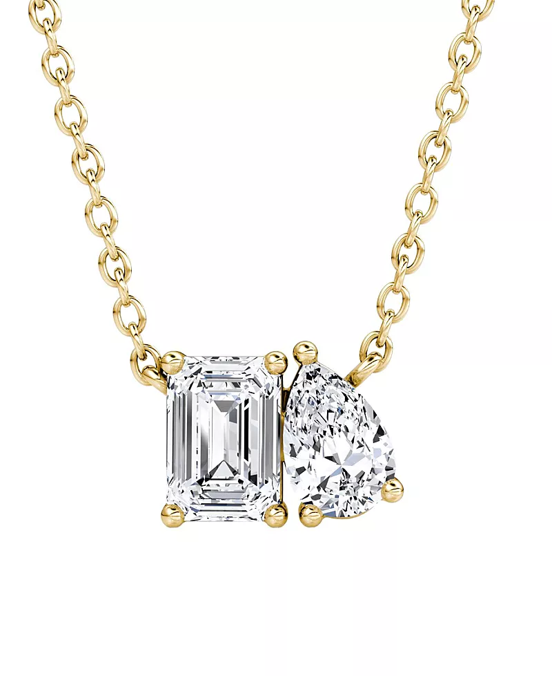 Vrai Toi et Moi Necklace in 14K Gold, 0.75ctw Emerald & Pear Lab Created Diamonds