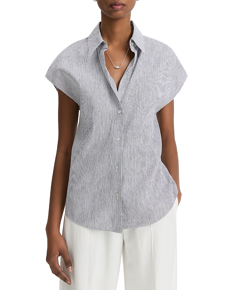 Vince Ticking Stripe Cap-sleeve Blouse In Iris Slate