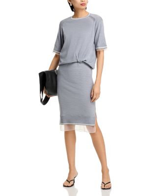 Short Sleeve Draped Knit Dress with Chiffon Combo