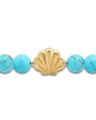 Clam Shell Charm Gemstone Beaded Stretch Bracelet in 18K Gold Plated Sterling Silver - Exclusive